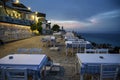 AFYTOS, GREECE - OCTOBER 16, 2020: Empty restaurants with terrace in the street Royalty Free Stock Photo