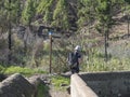 Agaete, Gran Canaria, Canary Islands, Spain December 20, 2020: Man hiker and tourist guide post at hiking trail in pine