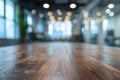 Against the backdrop of a blurred office interior space, the wooden table top stands out, offering a warm, Generated AI Royalty Free Stock Photo