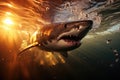 shark swimming through the crest of a big wave at sunset silhouette Royalty Free Stock Photo