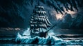 Against the backdrop of the brooding dark sky, a solitary pirate ship navigated the treacherous waters, its presence shrouded in Royalty Free Stock Photo