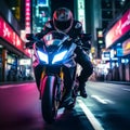 Nocturnal Ride. Motorcycle Rider Through City Streets at Night