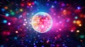 Against a backdrop of dark bokeh lights, a vibrant disco ball adds a burst of color to the scene, creating a lively and