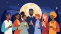 Against the backdrop of a full moon a diverse group of individuals hold glowing candles and pray for peace and unity Royalty Free Stock Photo