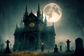 A gothic church with a full moon in the background, with gravestones in the front