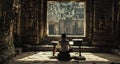 Against a backdrop of intricately carved stone walls a scholar sits at a desk studying ancient texts with intense