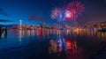 Against a backdrop of ling stars the citys skyline is highlighted by a colorful display of fireworks above the harbor