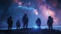 Against a backdrop of ling stars and swirling galaxies a group of astronauts stands with backs to the camera completely