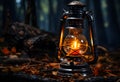 Kerosene lamp on the background of the forest. 3d rendering Royalty Free Stock Photo