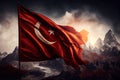 Against a backdrop of majestic mountains, flag of Turkey proudly waves in wind. The nation emblem, unity and strength, on display