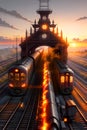 Motorized Trains Passing through the Station in the Splendid Illumination of a Sunset. AI generated Royalty Free Stock Photo