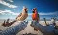 A couple of male and female Northern cardinal perched on driftwood, blurred blue sky background generative AI