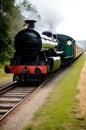 A black and green train traveling down train tracks.