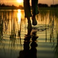 legs of a person walking through water at sunset Royalty Free Stock Photo