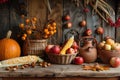 Against the backdrop of a wooden texture lie the main attributes of Thanksgiving. Autumn Harvest Still Life with Royalty Free Stock Photo