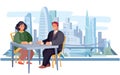 Against the background of the big morning city, a guy and a girl are sitting, they have a date or a business meeting Royalty Free Stock Photo