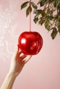 Against a background of pink wallpaper, a woman hand hangs a toy in the form of a red apple on a home tree. The concept