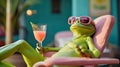 A frog in sunglasses with a cocktail is lying on a chaise longue