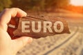 Against the background of a sandy road and forest, a man holds a wooden sign with the inscription - EURO