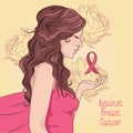 against breast cancer banner, beautiful girl with pink ribbon