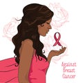 against breast cancer banner, beautiful girl with pink ribbon