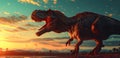 A majestic image featuring a lifelike dinosaur against a breathtaking background, with perfect lighting that captures every