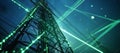 Against a brooding evening sky, green lasers illuminated the power lines, crafting a futuristic electrical network. Royalty Free Stock Photo