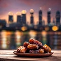 Against a City Backdrop and Dusk Cloudy Sky, Dates Fruit Sets the Scene for a Ramadan Atmosphere