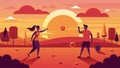 Against the colorful canvas of a summer sunset players battle it out in a nailbiting game of horseshoes.. Vector