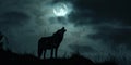 Against a dark night sky a lone wolf howls its silhouette lit by the full moon above. Royalty Free Stock Photo