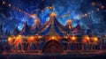 Against a dark and starry sky a grand circus tent stands proudly its dazzling lights and vibrant colors standing out