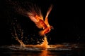 Against a dismal backdrop, a burst of brilliant orange water pours, resembling a phoenix in flight.