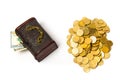 Against the dollar and gold coins on a white background