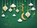 Against a green background, there is a hanging ketupat, a crescent with stars, and paper-cut clouds.
