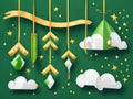 Against a green background, there is a hanging ketupat, a crescent with stars, and paper-cut clouds.