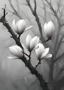 against the misty sky are white flowers on a branch, high detail, dark wood, march, magnolia stems, beautiful painting, blooming