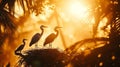 Against the morning sun, three grey herons sat on a nest in a tree, creating a silhouette. Royalty Free Stock Photo