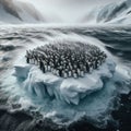 Penguins huddle in face of antarctic storm, on ice shelf