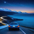 Against the sea at the foot of the mountains at night the road trailing car tail lights under a beautiful starry