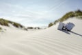 Against sunshine view on pair of white ankle sneakers laying on sand dune. North sea coastal landscape Royalty Free Stock Photo