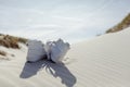 Against sunshine view on pair of white ankle sneakers laying on sand dune. North sea coastal landscape Royalty Free Stock Photo