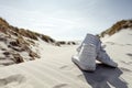 Against sunshine view on pair of white ankle sneakers laying on sand dune. North sea coastal landscape Royalty Free Stock Photo