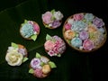 flower gelatin in the Thai threshing basket on banana leaf background