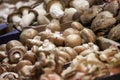 Agaricus bisporus, or brown common mushrooms for sale on a Canadian market in Montreal, Quebec. Royalty Free Stock Photo