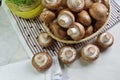 Agaricus bisporus - Fresh raw mushroom champignon wicker baskett Royalty Free Stock Photo