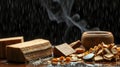 Agarwood Chips and Cup with Steam, Rainy Backdrop Royalty Free Stock Photo