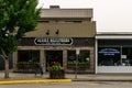 AGASSIZ, CANADA - August 18, 2018: main street in small town in British Columbia with shops restaurants cars.