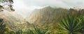 Agava plants and rocky mountains in Xoxo valley in Santo Antao island, Cape Verde. Panoramic shot