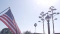 Agave cactus flower, wild west lantern and american flag, western California USA Royalty Free Stock Photo