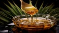 Agave Syrup pouring into a bowl. Raw Organic Agave Syrup in a Bowl on a dark background with agave leaves. Alternative sugar,
